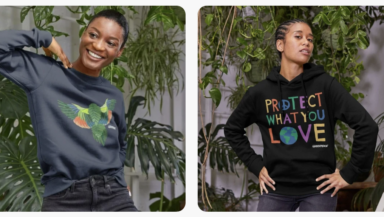 Models wearing Greenpeace sweatshirts, one with an intricate parrot design, and one with the slogan 'Protect what you love'