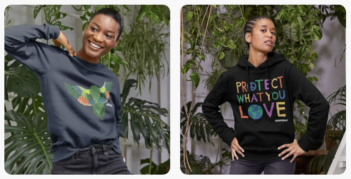 Models wearing Greenpeace sweatshirts, one with an intricate parrot design, and one with the slogan 'Protect what you love'