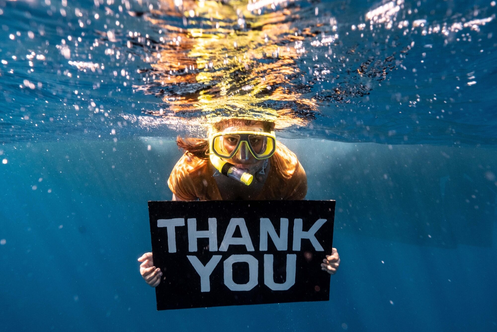 Thank you sign held underwater by a Greenpeace campaigner snorkelling in the Indian ocean