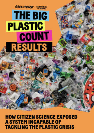 Colourful cover of the big plastic count report, showing clean plastic recycling arranged in a large mass