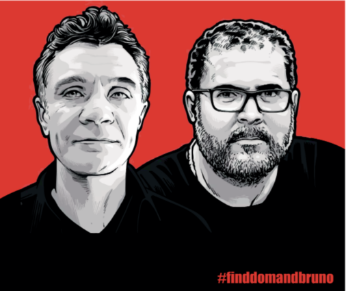 Red, white and black graphic of two people with the text "Find Dom and Bruno" underneath
