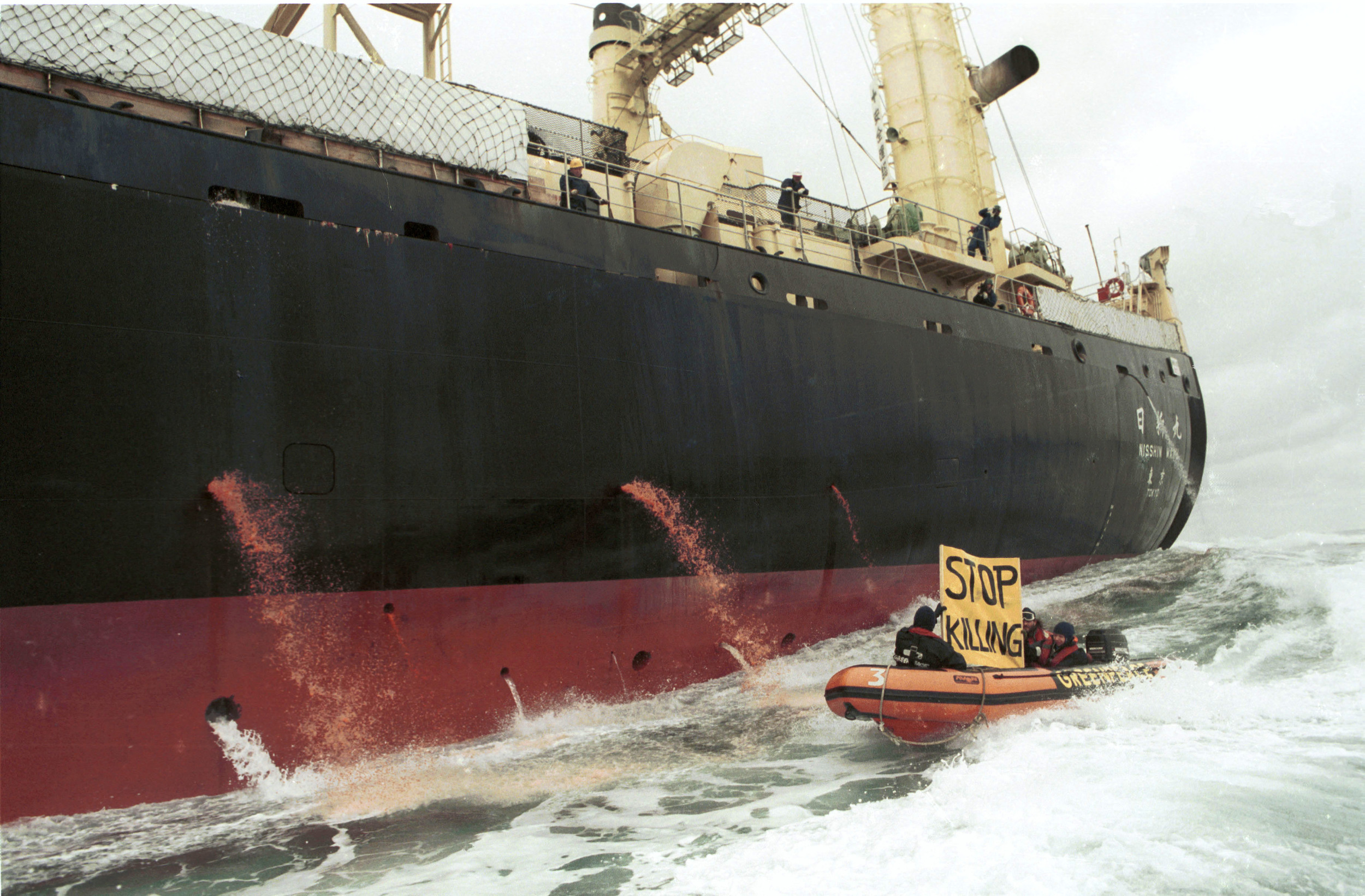 A large whaling boat with steams of red liquid coming out the side. A small protest boat alongside holds the banner "Stop killing"