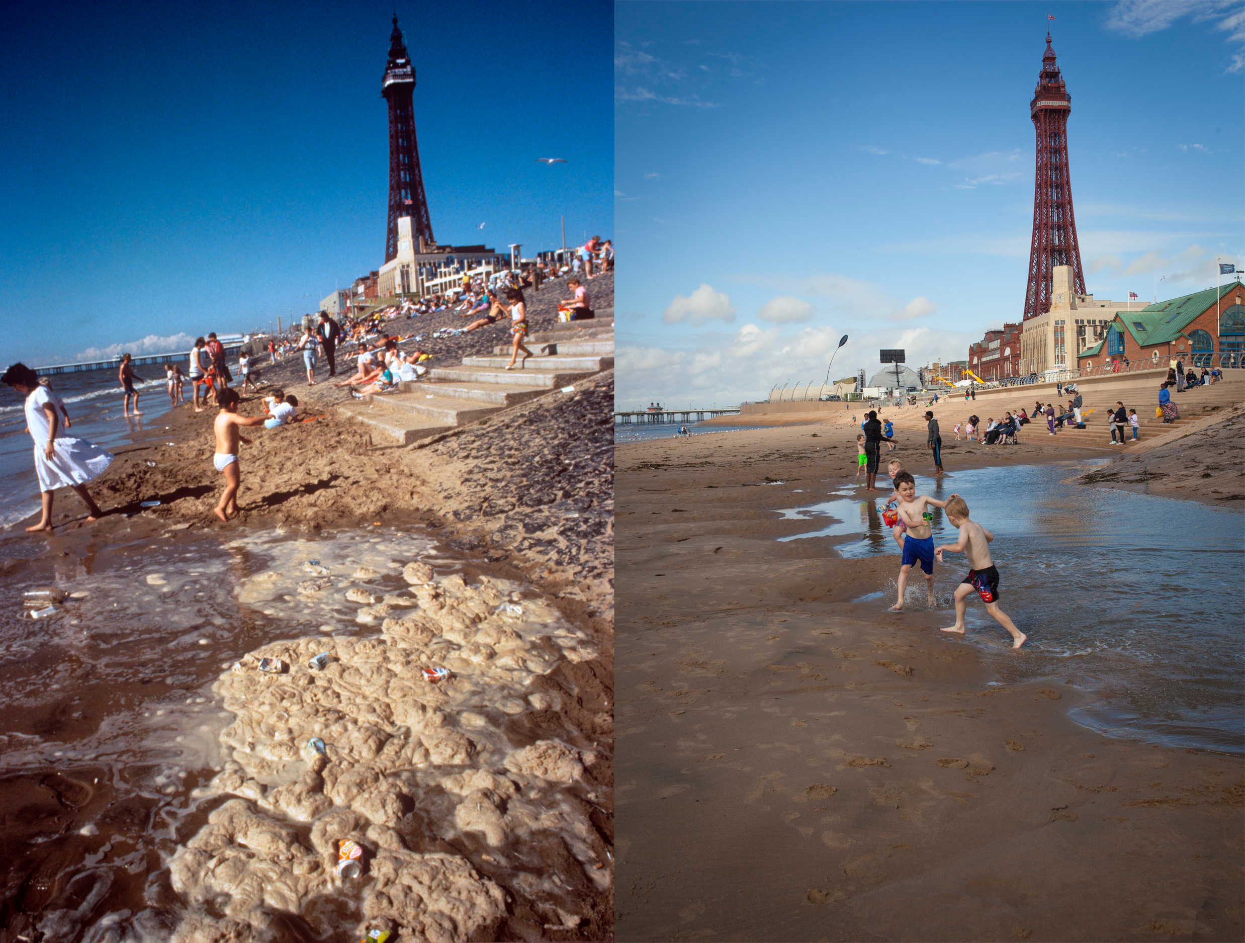 Before and after image. One side shows a busy beach, littered with waste by the water. The second photo shows the same beach but cleaned up. Two boys play in the clean water.