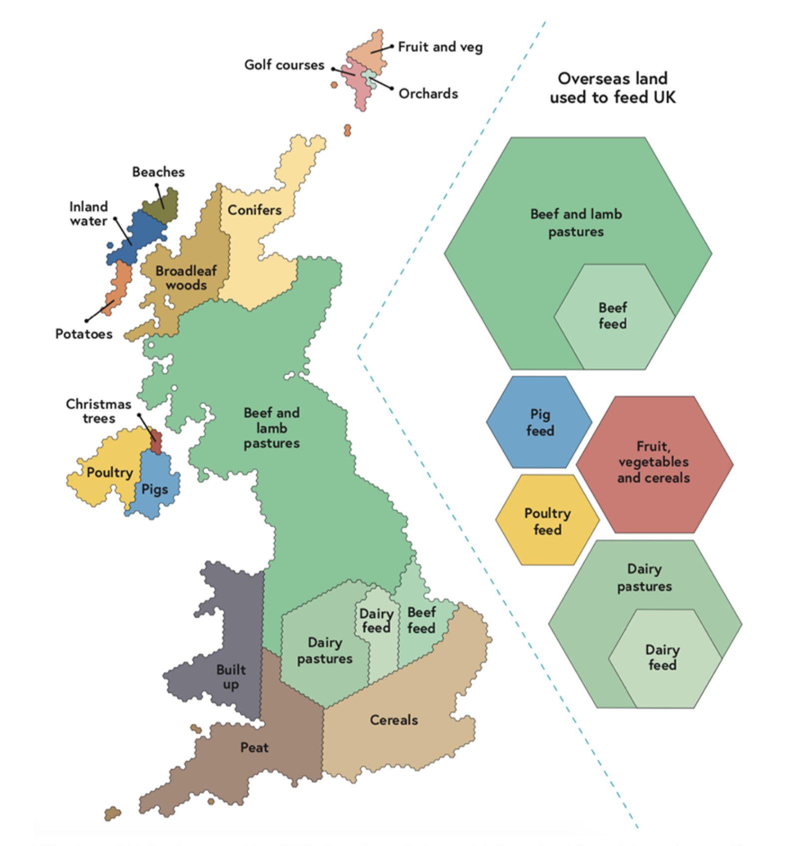 A map of the UK which groups different types of land use together to show their relative scale. Beef and lamb pastures cover a huge portion of land from northern Scotland down past the midlands. Built-up areas cover about half of west Wales. Cereals cover the south-east.