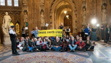 A large group of activists sit in an ornate hall in the Palace of Westminster holding a banner saying 'chaos costs lives'