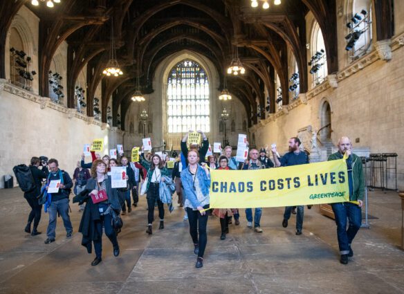 Loose group of activists walk under the ornate roof and stained glass of Westminster flying banners that say ‘Chaos costs lives’