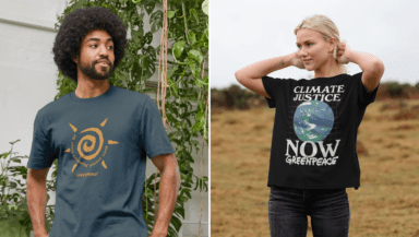 Side-by-side image of a man and woman modelling Greenpeace t-shirt designs