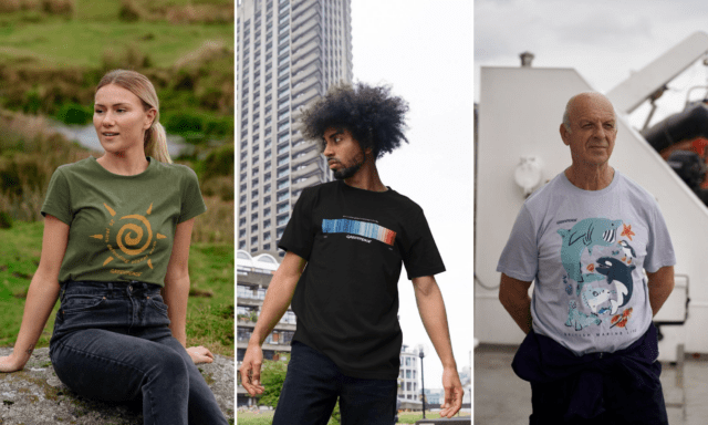 Side-by-side of 3 people modelling Greenpeace t-shirt designs