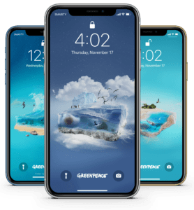Three mobile phones, showcasing Greenpeace's oceans virtual gifts wallpapers. This image centres the Antarctic Ocean gift wallpaper.