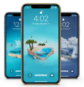 Three mobile phones, showcasing Greenpeace's oceans virtual gifts wallpapers. This image centres the Atlantic Ocean gift wallpaper.