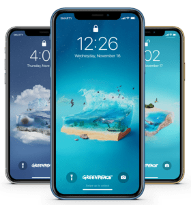 Three mobile phones, showcasing Greenpeace's oceans virtual gifts wallpapers. This image centres the Global Oceans gift wallpaper.