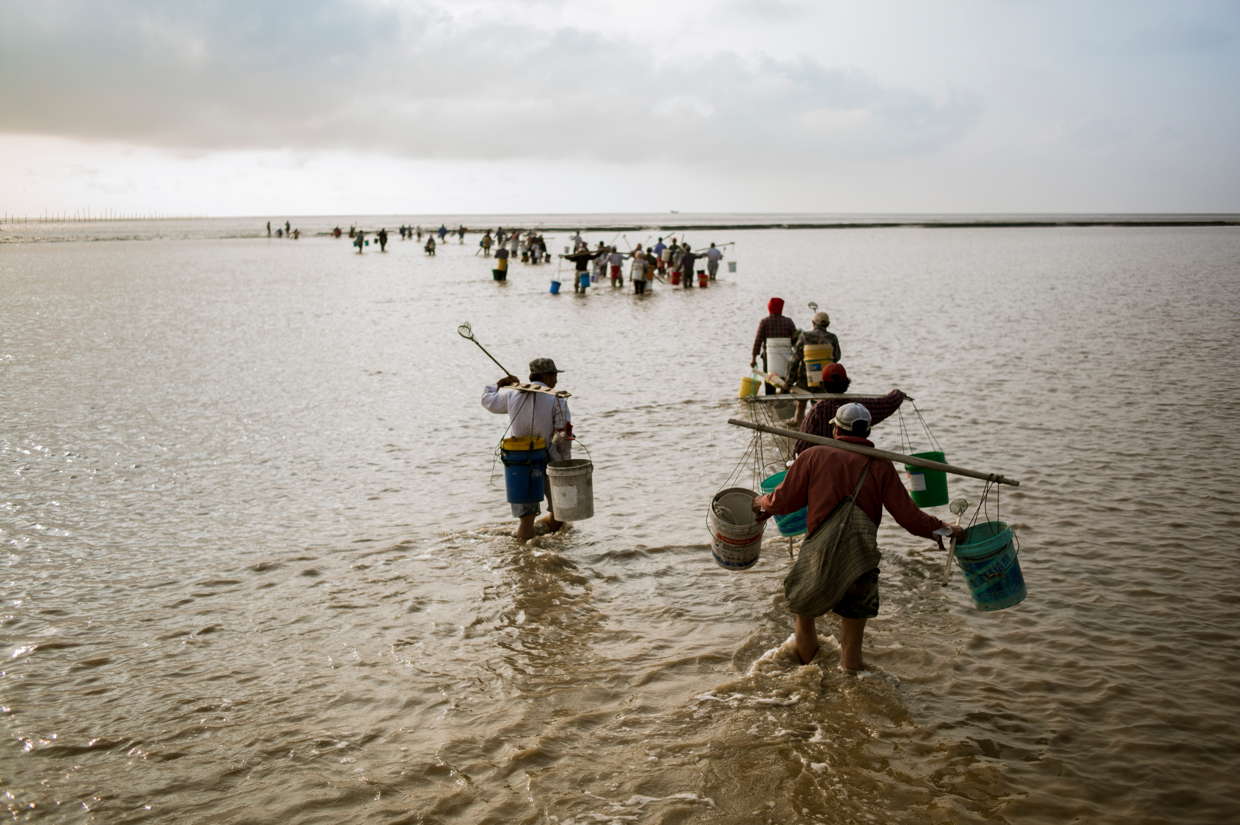 A loose group of people carrying spades and large buckets strapped across their shoulders. They fade into the horizon as they walk through muddied water.