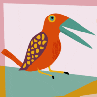 illustrated red bird with blue beak on a colourful background