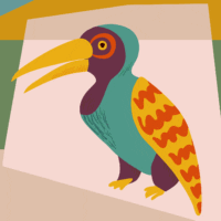 illustrated purple, blue and yellow bird on a colourful background.