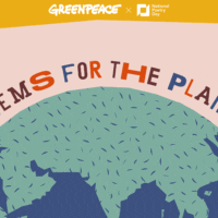 Banner: Illustrated Earth with colourful "Poems for the planet" text and Greenpeace and National Poetry Day logos