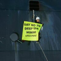 Activist hanging from the side of a ship in climbing gear holding a banner saying say no to deep sea mining