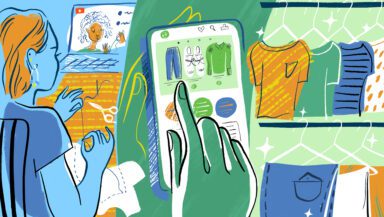 Three panel illustration in blues and greens. The first shows a woman sewing with Youtube video on the computer in front of her. The second is a hand scrolling through an app on a smartphone, showing wardrobe items: jeans, shoes and a shirt. The third is a neat wardrobe with hanging clothes, gleaming with stars.