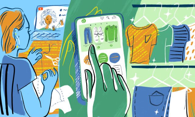 Three panel illustration in blues and greens. The first shows a woman sewing with Youtube video on the computer in front of her. The second is a hand scrolling through an app on a smartphone, showing wardrobe items: jeans, shoes and a shirt. The third is a neat wardrobe with hanging clothes, gleaming with stars.