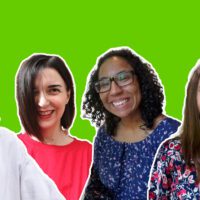 Photo montage showing cutouts of four women smiling into the camera, against a green background.