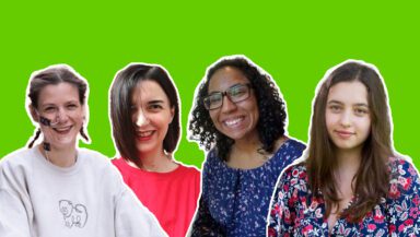 Photo montage showing cutouts of four women smiling into the camera, against a green background.