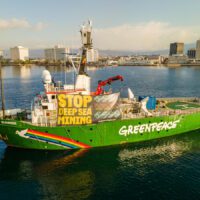 Greenpeace ship displaying a giant banner that says stop deep sea mining