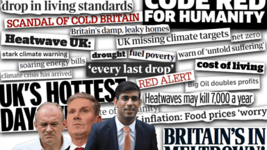 Political party leaders over a montage of dire newspaper headlines about climate change