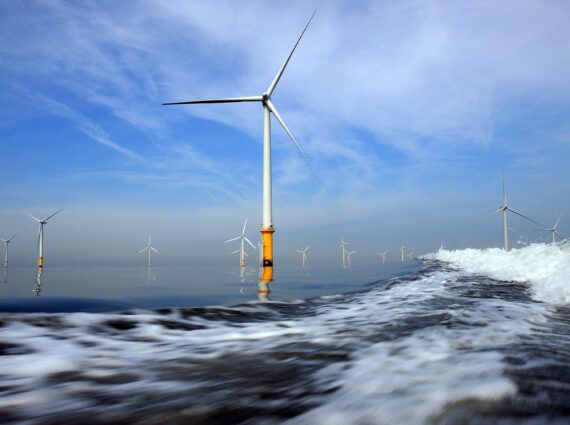An offshore wind turbine in a rough sea