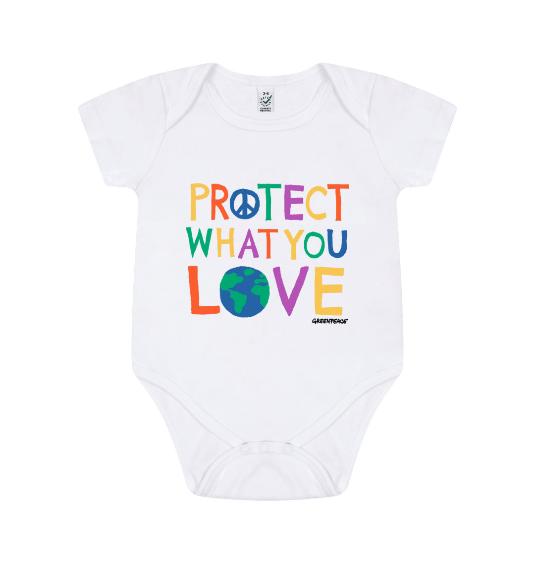 Product show of a baby grow protect what you love written on the front in colourful letters