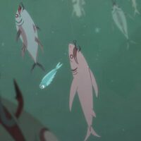 Lifeless sea creatures like sharks and tuna hanging from hooks in the ocean - a scene from an animation Greenpeace commissioned.