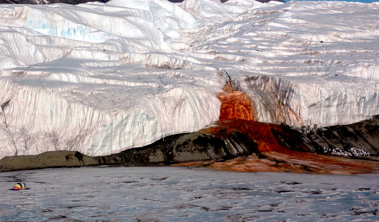 A glacier with blood-red liquid running out of the ice and into the ocean
