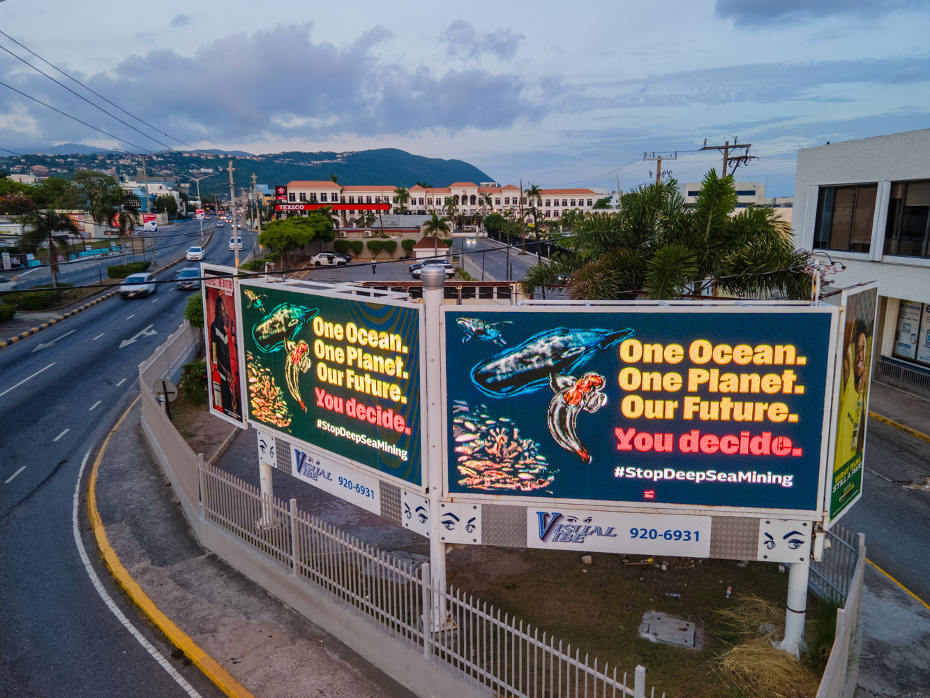 Billboard advert on a street corner. The advert reads 'One ocean. One Planet. Our future. You decide. Hashtag stop deep sea mining' with images of deep sea creatures alongside.