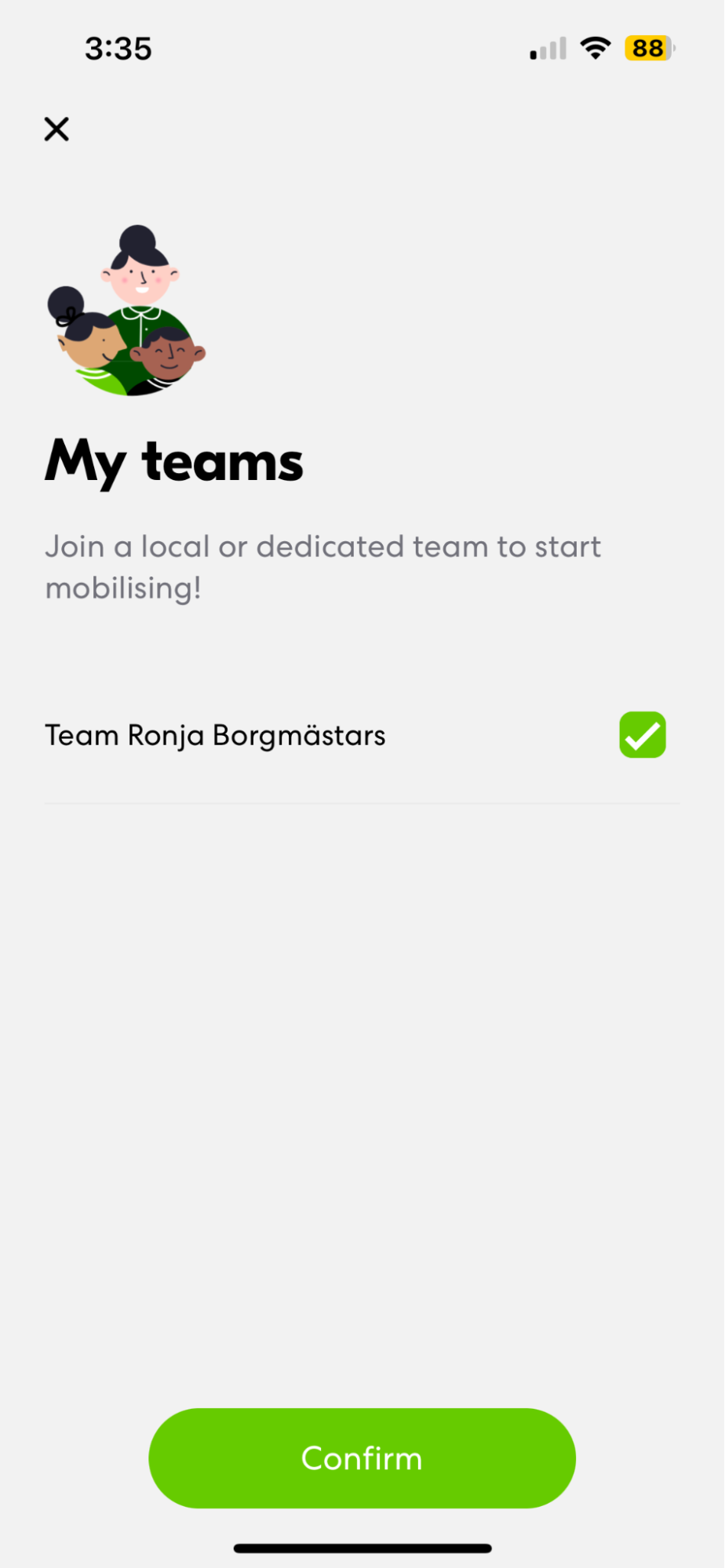 Screenshot from the climate vote app showing team confirmation screen
