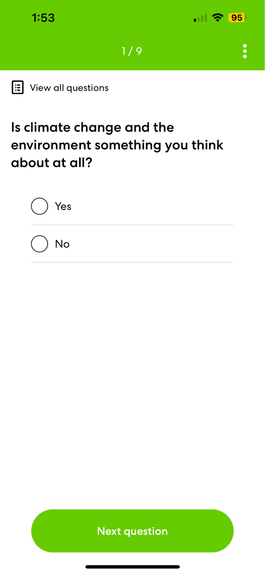Screenshot from the climate vote app showing example form questions