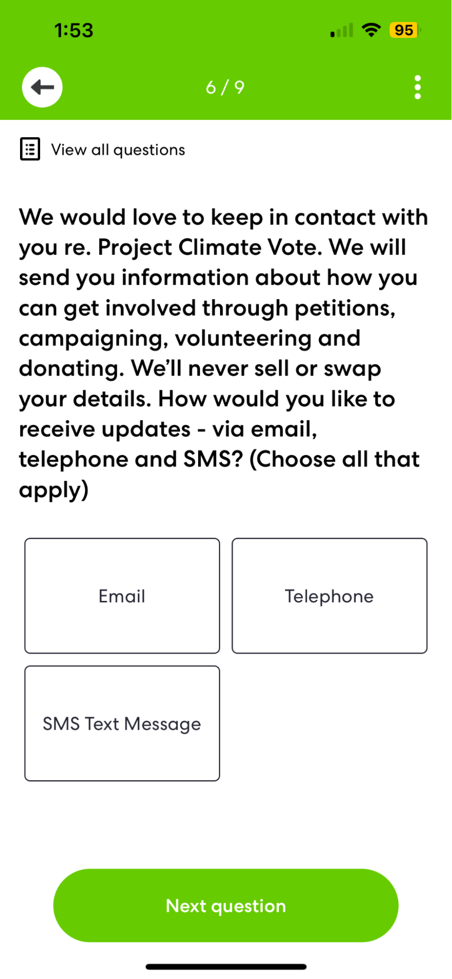 Screenshot from the climate vote app showing sample form questions