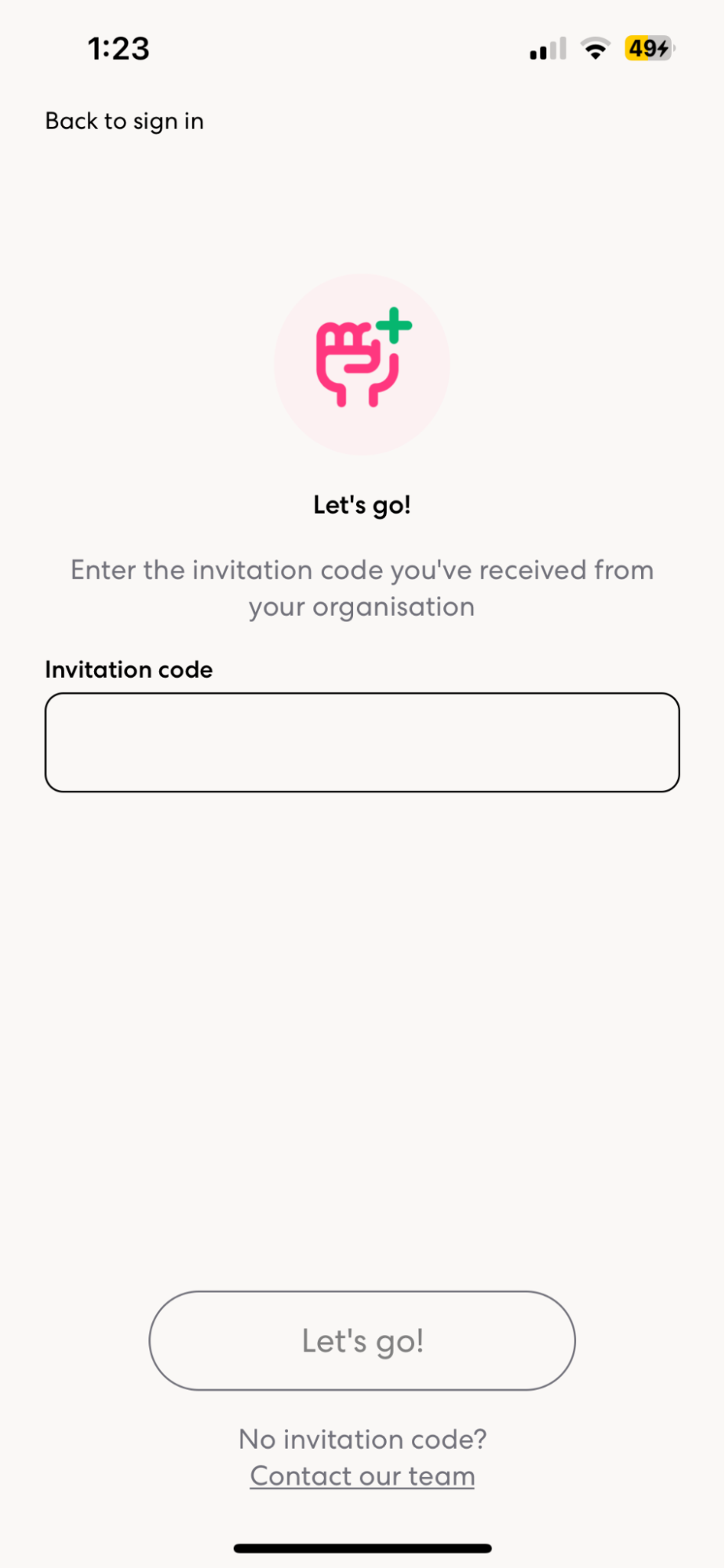 Screenshot from the climate vote app showing invite code field
