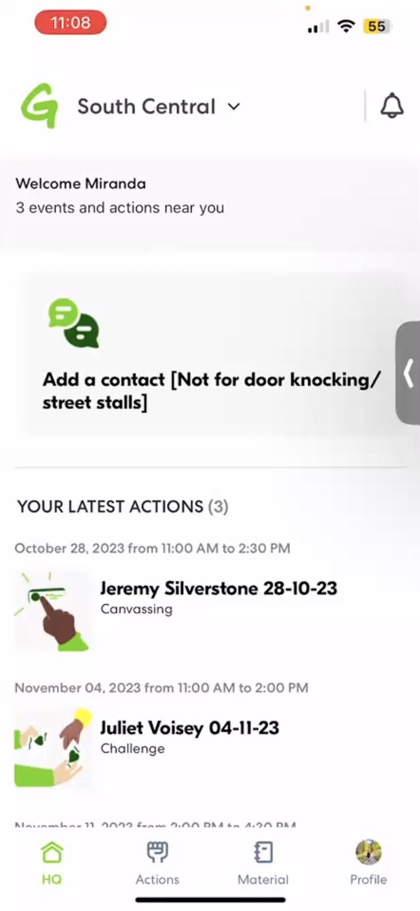 Screenshot from the climate vote app showing new contact interface