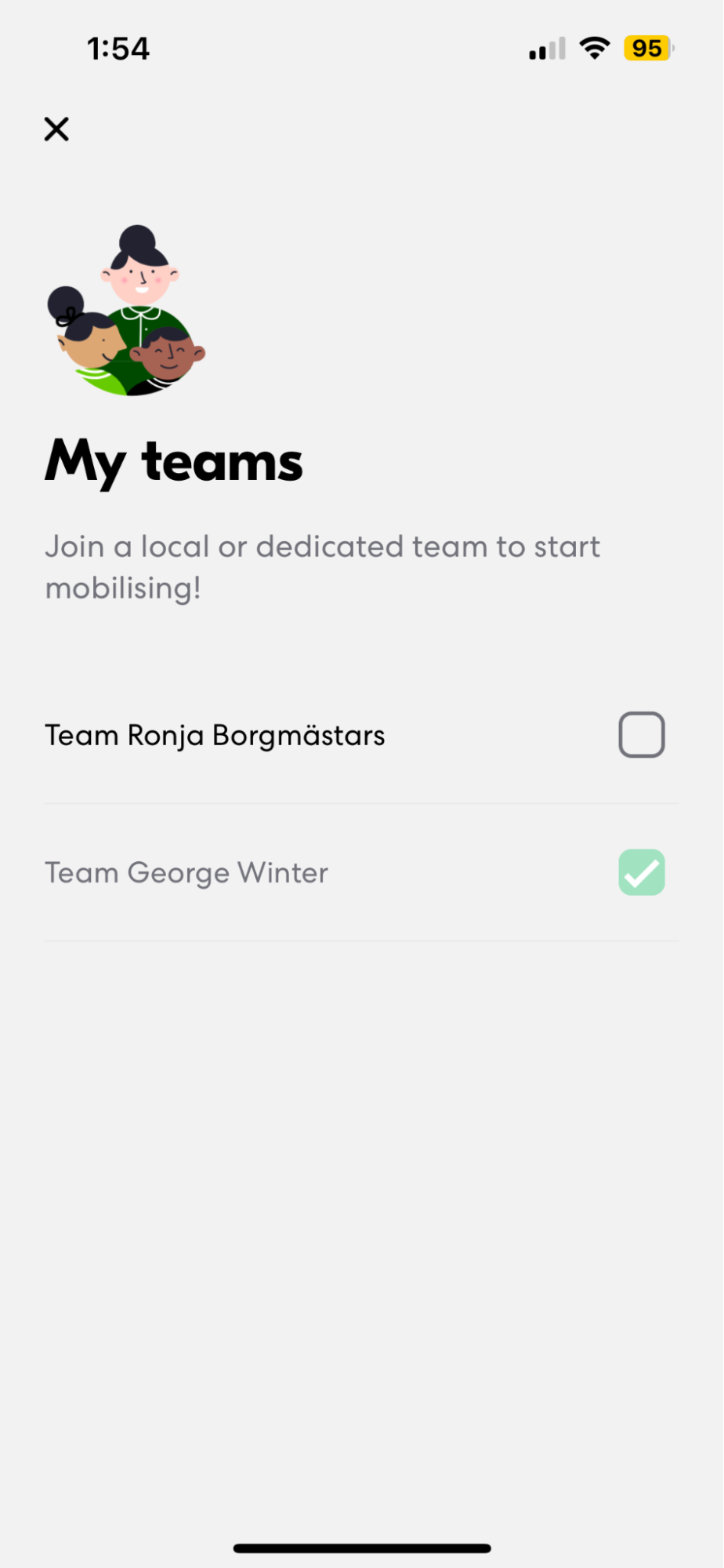 Screenshot from the climate vote app showing team selection screen