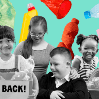 Photo montage shows smiling children counting plastic against a colourful background.