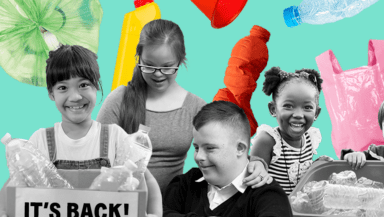 Photo montage shows smiling children counting plastic against a colourful background.