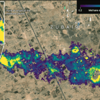 Satellite image with colourful visualisation of methane plumes