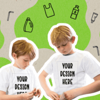A green and beige banner with little drawings of food and drinks across it, with two young boys wearing T-shirts reading "Your Design here".