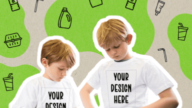 A green and beige banner with little drawings of food and drinks across it, with two young boys wearing T-shirts reading "Your Design here".
