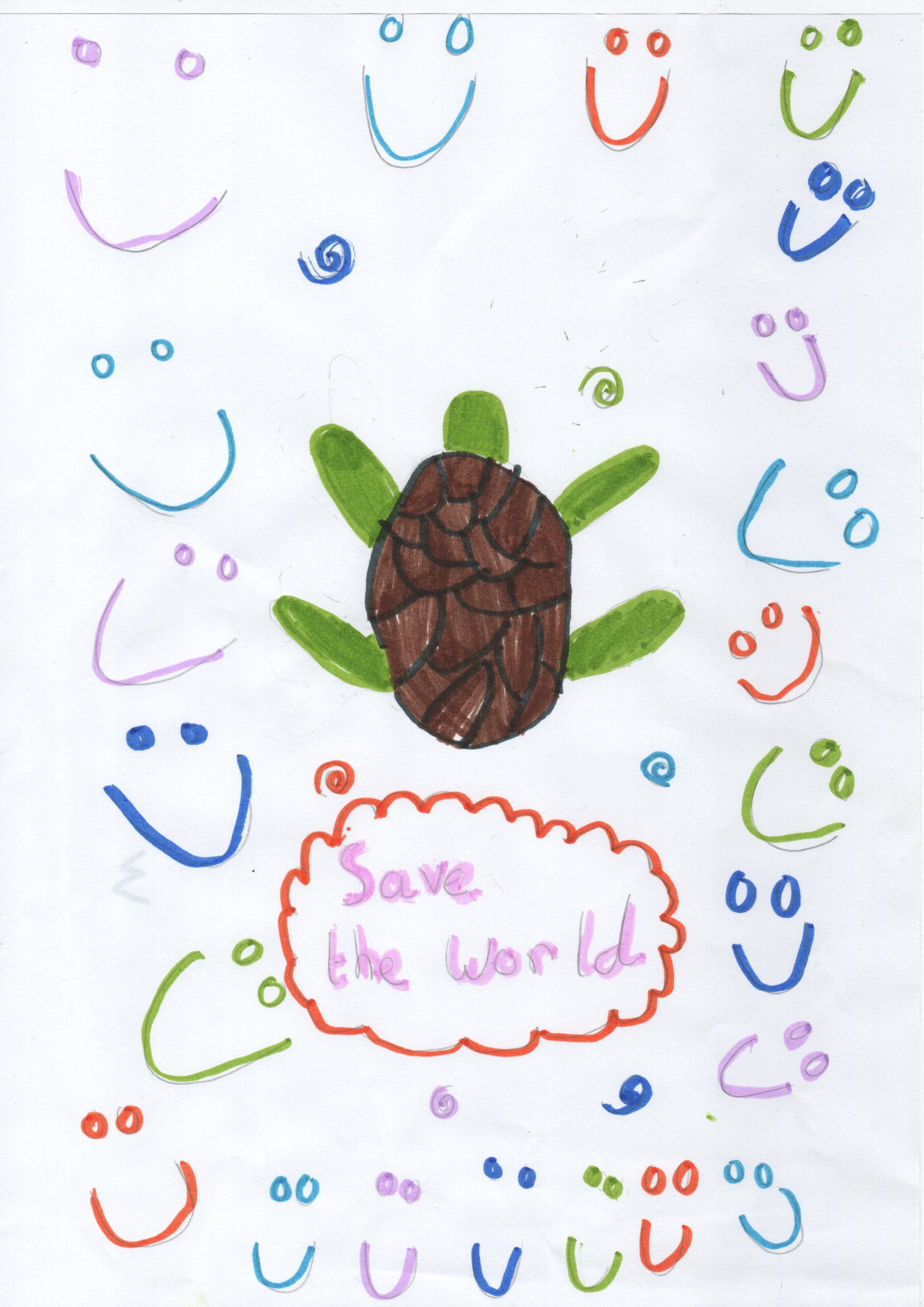 Child’s drawing with a green turtle drawn in the middle of the design with different coloured smiley facings surrounding it and a slogan reading ‘save the world’