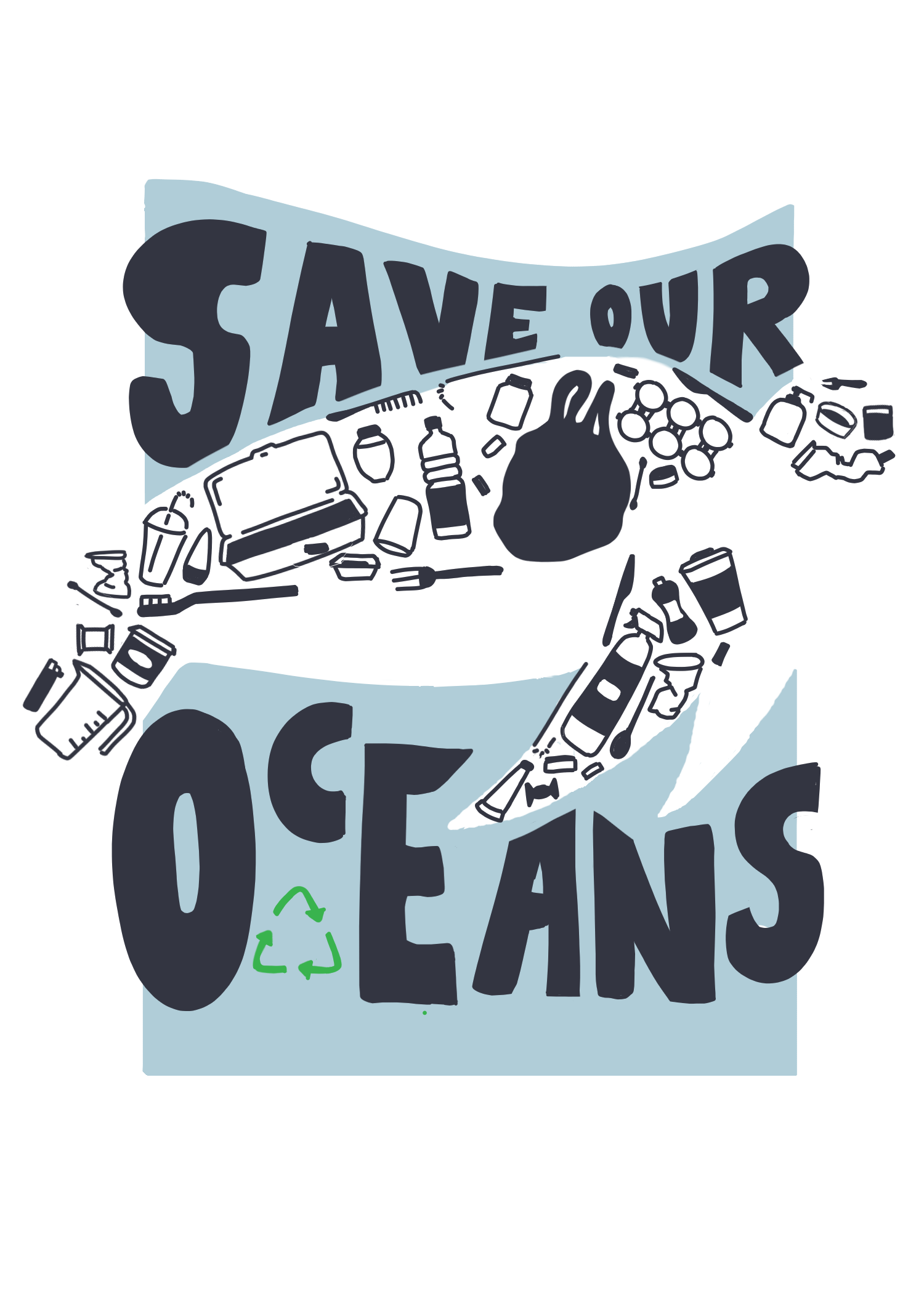Child’s drawing featuring the slogan ‘Save our oceans’ and a turtle outline in the middle with plastic pollution items such as cotton buds, cups, bottles and plastic bags inside the turtle.