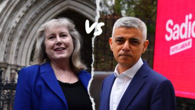 Portraits of Susan Hall and Sadiq Khan with 'vs' in between them