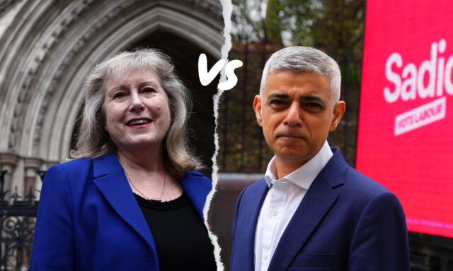 Portraits of Susan Hall and Sadiq Khan with 'vs' in between them