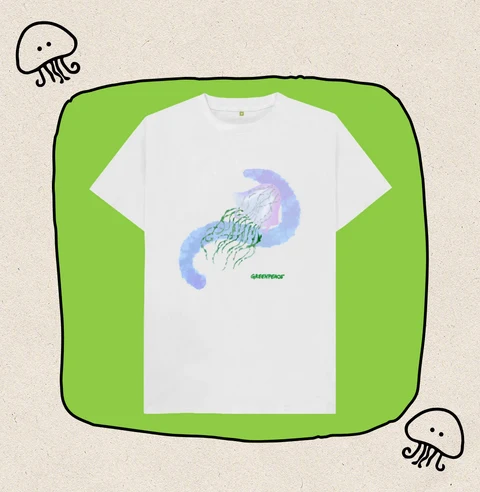 T-shirt with a child’s drawing with a light blue background featuring a light gray iridescent plastic bag as a jelly fish head and green tentacles.