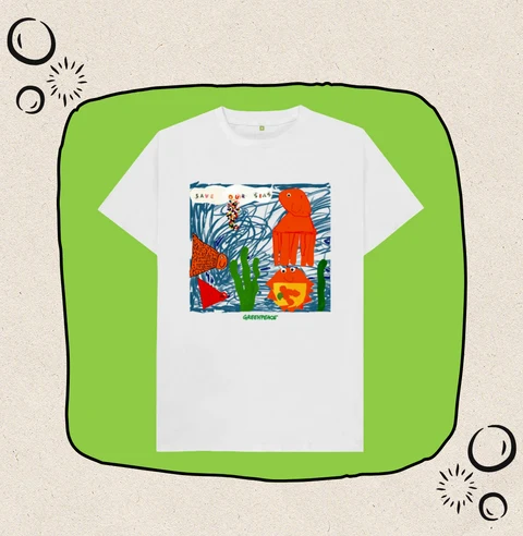 T-shirt with a child’s drawing showcasing oceans wildlife drawn in different coloured paper with googly eyes stuck on, seaweed drawn with green paper and a seahorse drawn out of different coloured beads. As well as a slogan reading ‘save our oceans’