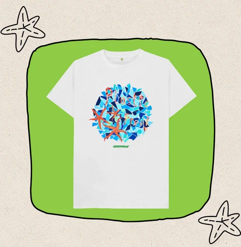 T-shirt with a child’s drawing featuring a circle outline made up of different blue coloured shapes and 3 orange star fish and a slogan reading ‘Plastic Free!’ with the exclamation mark having a heart at the bottom.