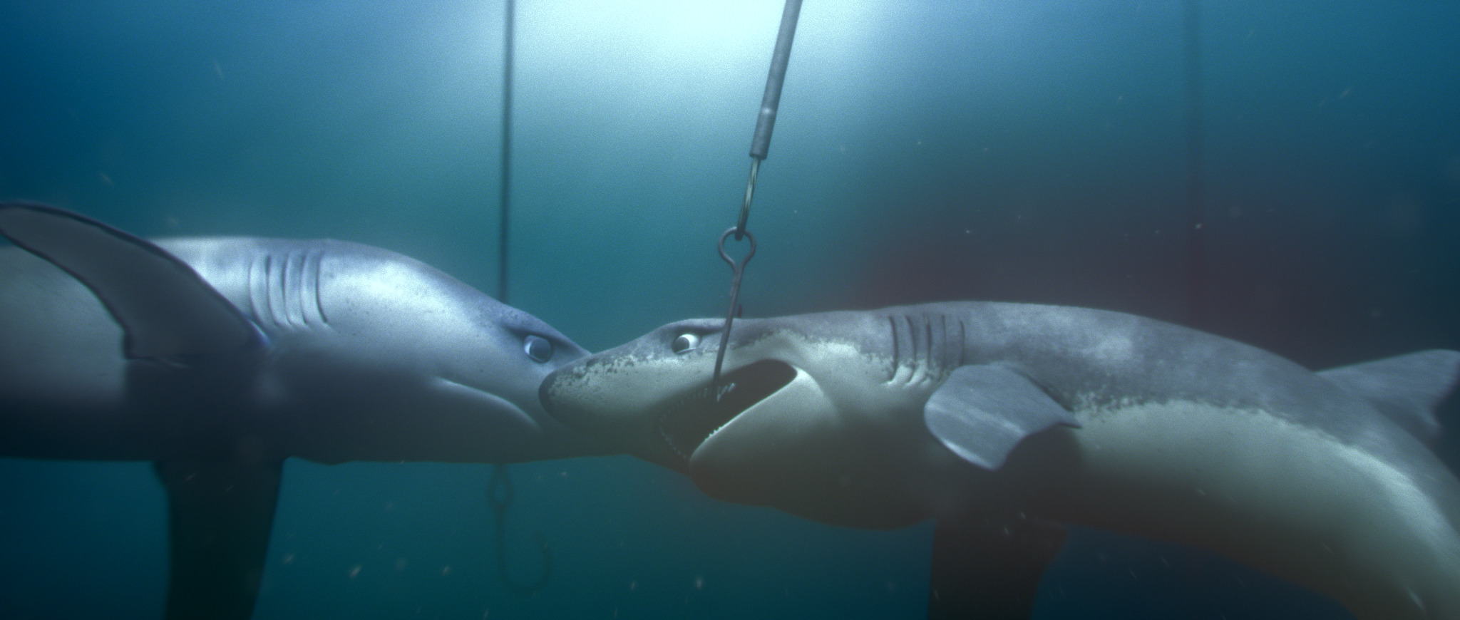 Still from a Greenpeace animation showing two sharks in a dark ocean. One is caught on a fishing line.